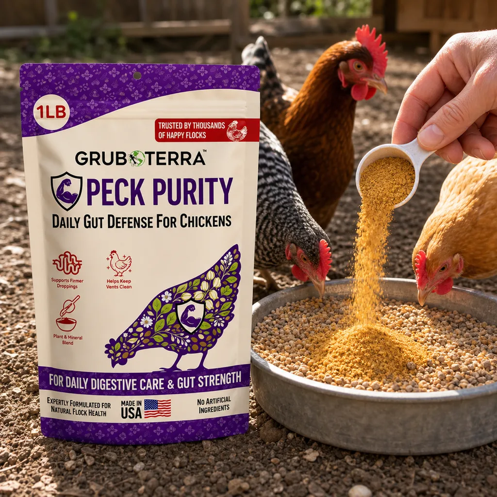 Peck Purity bag with chickens feeding