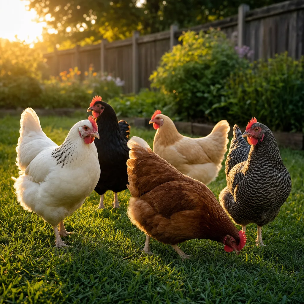 Tidy healthy hens in a backyard flock