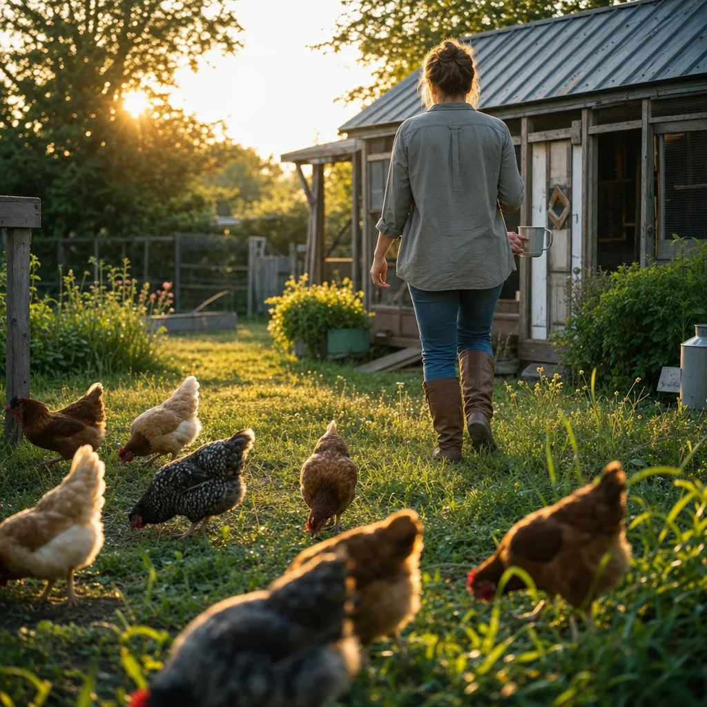 Chicken keeper walking calmly toward backyard coop