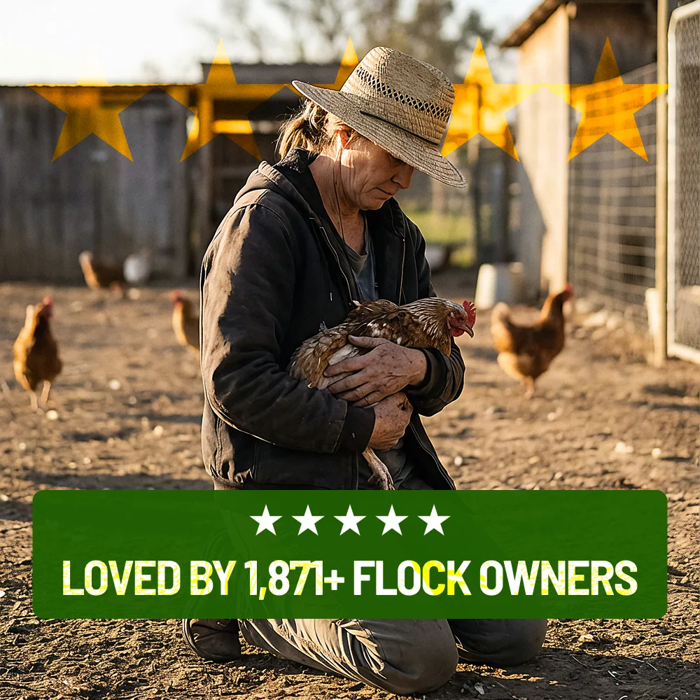 Farmer kneeling and holding a chicken in a backyard flock