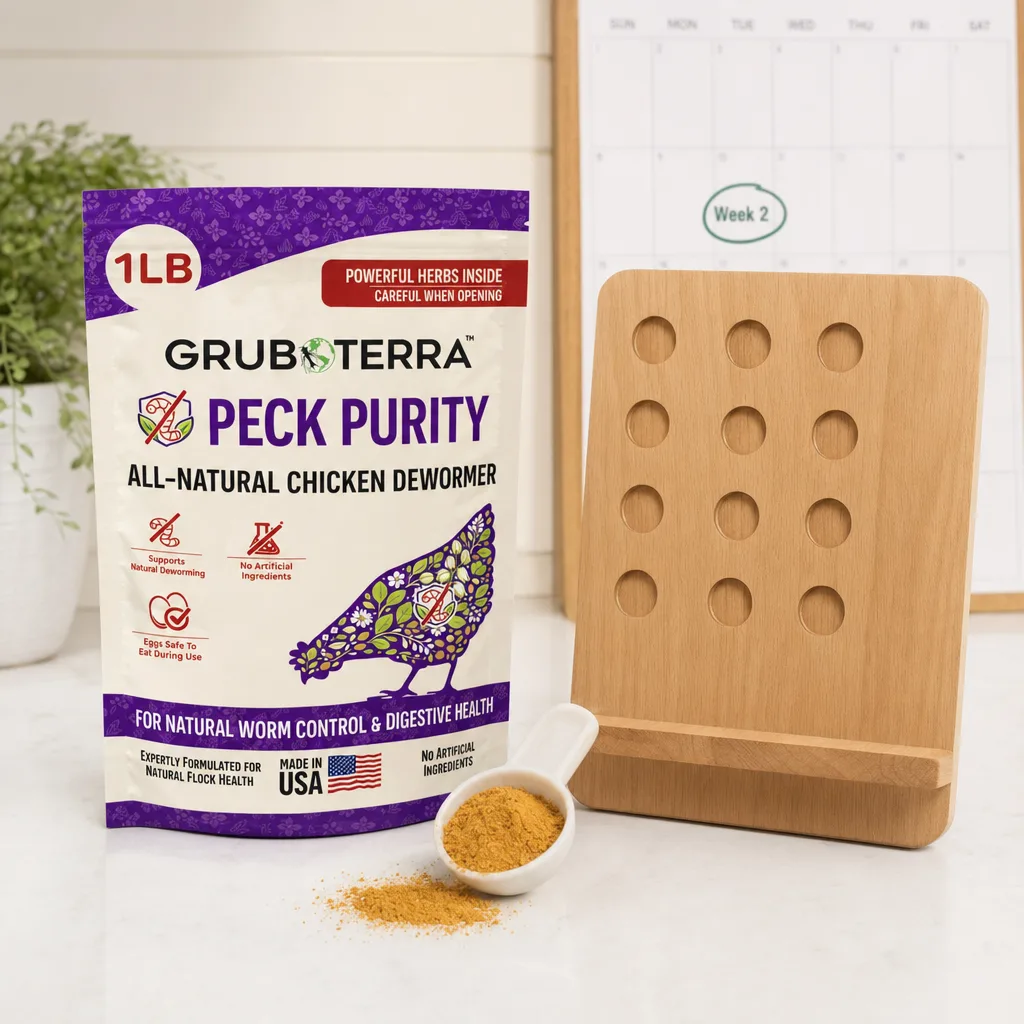Peck Purity bag with chickens feeding